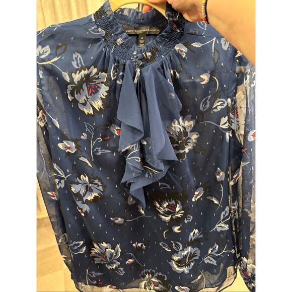 White House Black Market Floral Ruffle Neck Blouse Size 8 Blue Keyhole Long Slee - Picture 8 of 8